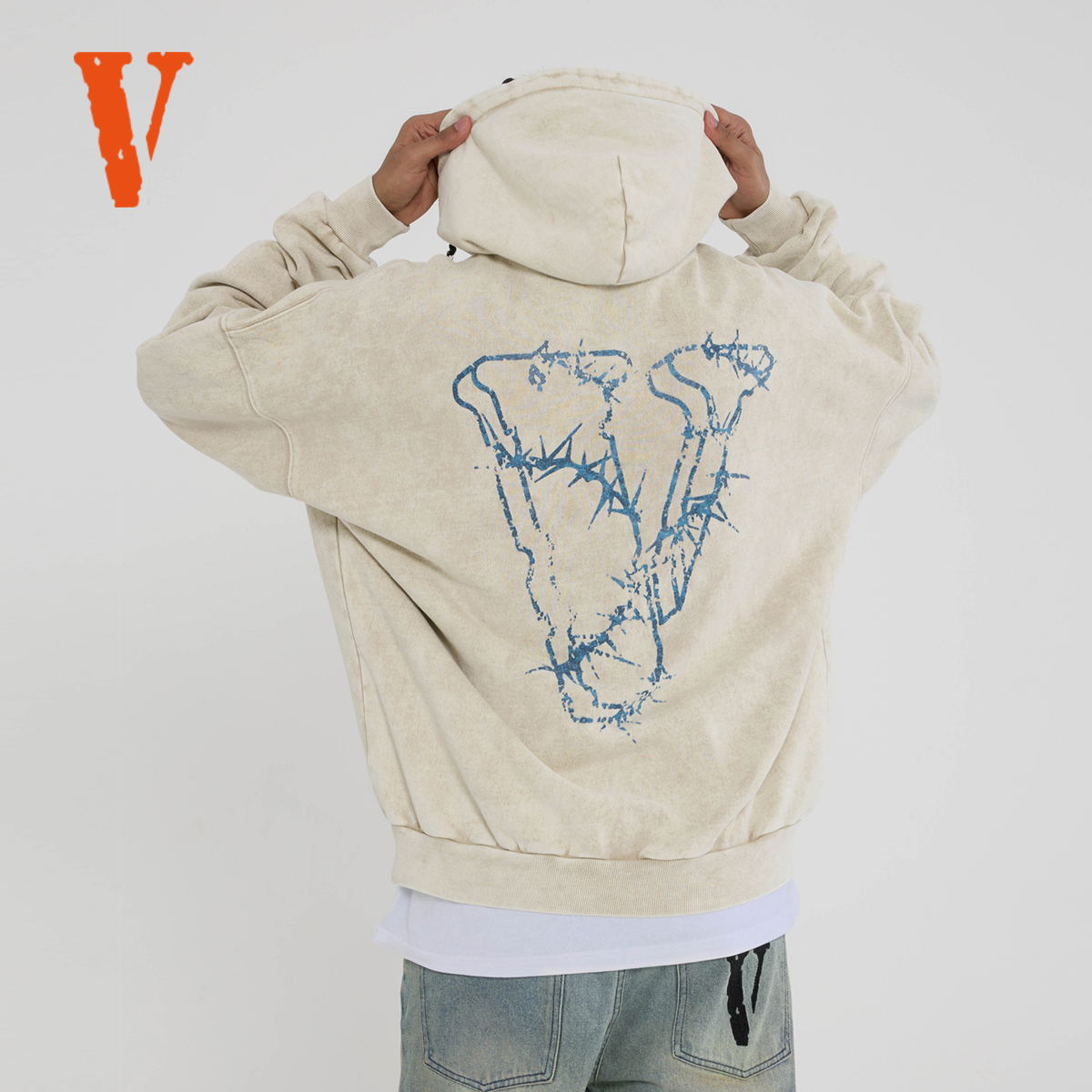 VLONE 荆棘大Logo印花水洗宽松连帽卫衣 男女同款情侣款米色 黑色