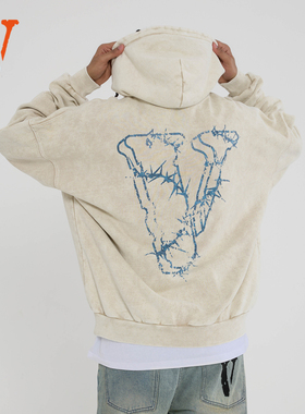 VLONE 荆棘大Logo印花水洗宽松连帽卫衣 男女同款情侣款米色 黑色