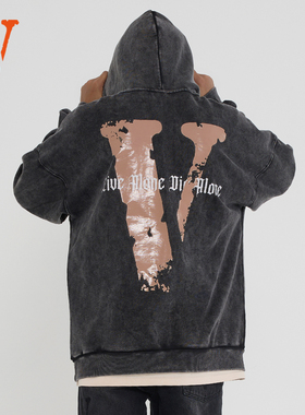 VLONE破坏大Logo印花 水洗宽松连帽卫衣 情侣款 米色 黑色