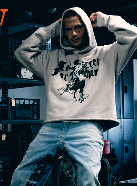 VLONE大V logo猛犬印花做旧水洗无下摆连帽卫衣情侣款灰色