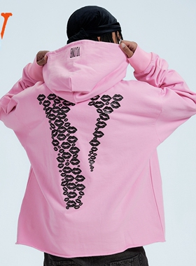 VLONE美版NO FRIENDS嘴唇大V LOGO印花刺绣超重磅无下摆连帽卫衣