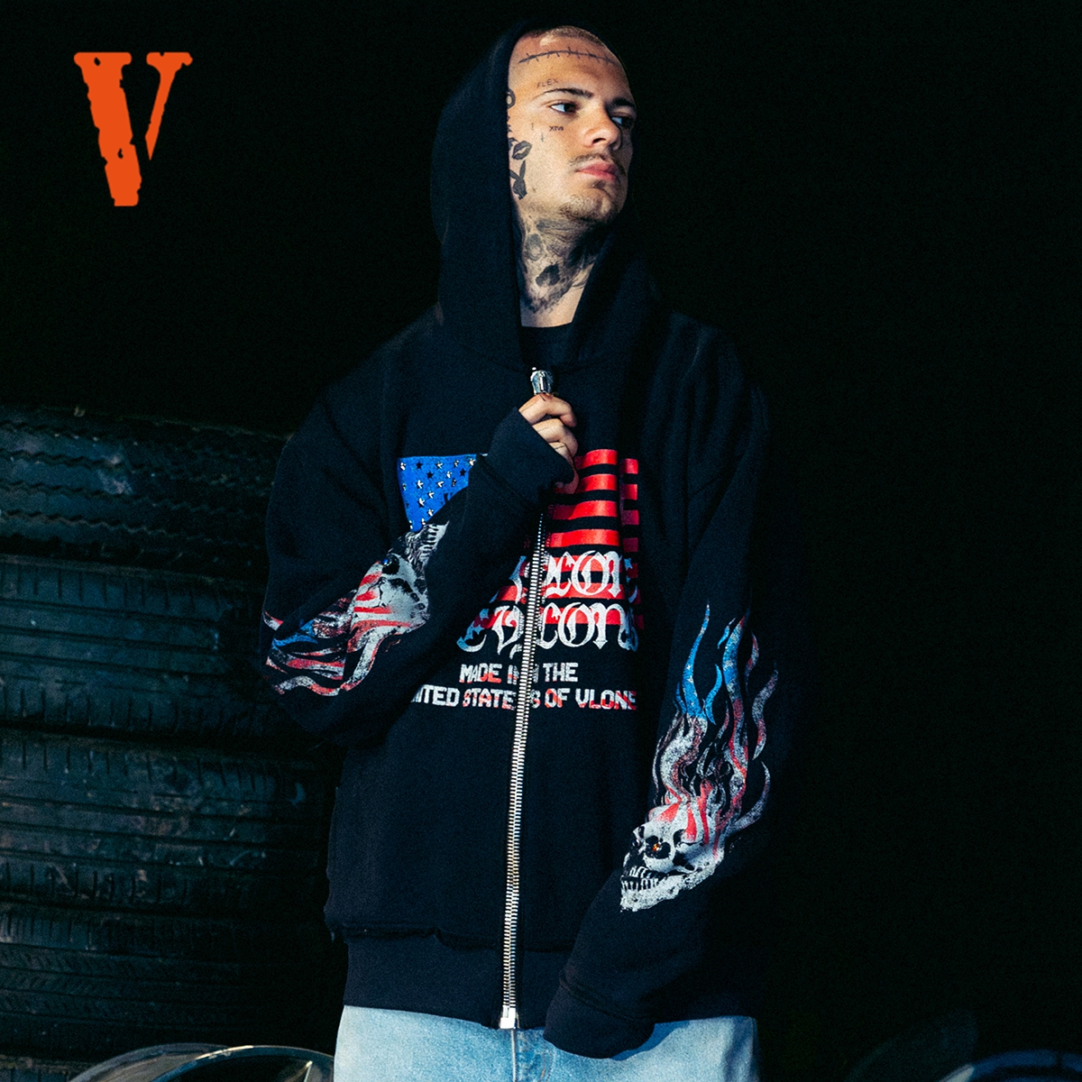 VLONE美款TSFF旗火骷髅铆钉镶钻印花做旧水洗连帽开衫卫衣黑色