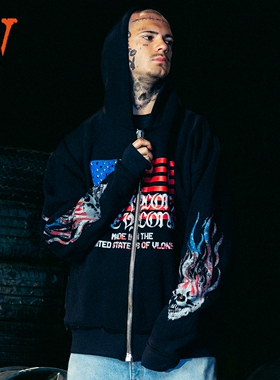 VLONE美款TSFF旗火骷髅铆钉镶钻印花做旧水洗连帽开衫卫衣黑色