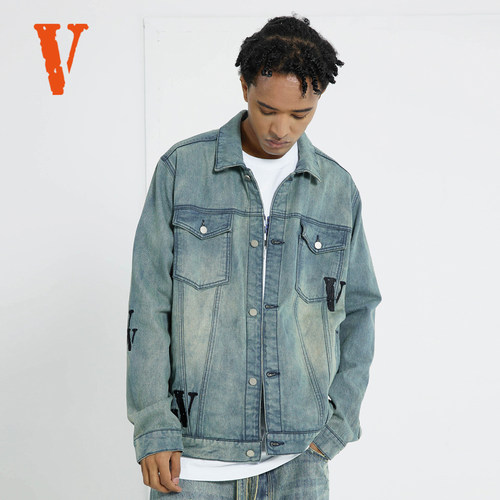 VLONE SS23 拼接Logo刺绣 渐变水洗做旧 宽松牛仔外套 男女同款