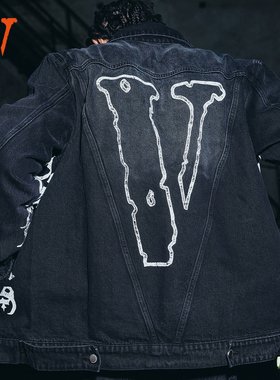 VLONE 25新品哥特风标语大LOGO印花立体剪裁做旧水洗休闲牛仔夹克