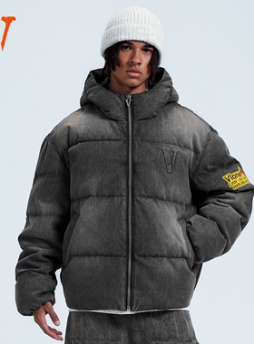 VLONE 钢印LOGO 刺绣标语 成衣水洗做旧 高领连帽牛仔羽绒服