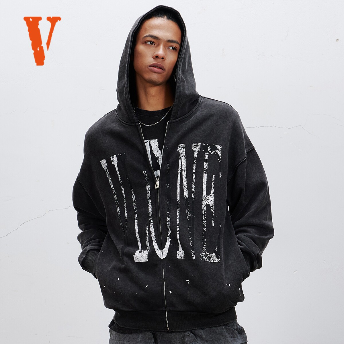 VLONE 潮牌logo拉链卫衣美式街头男女同款帽衫印花复古连帽外套