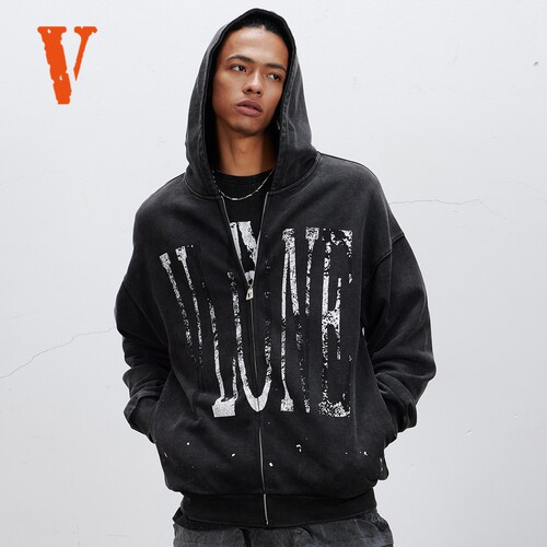VLONE 潮牌logo拉链卫衣美式街头男女同款帽衫印花复古连帽外套