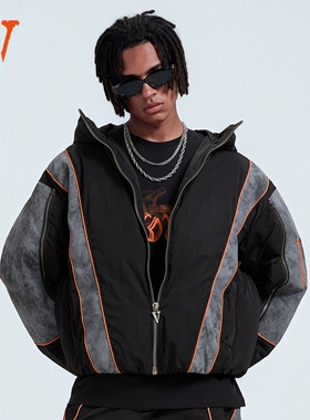 VLONE 冬季 拼皮LOGO刺绣 加厚宽松高领连帽立体剪裁机车羽绒服