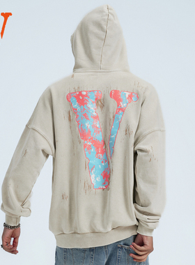 VLONE连帽卫衣男2025新款秋冬季美式高街泼墨刷漆大LOGO印花潮牌