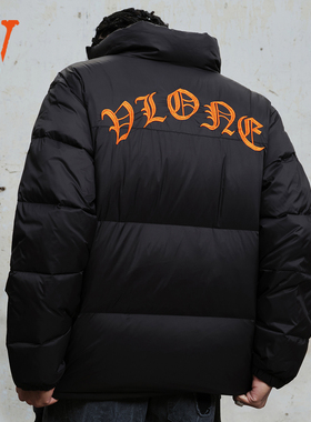 VLONE哥特刺绣立领长袖字母无帽立领拉链宽松羽绒服情侣款黑橙