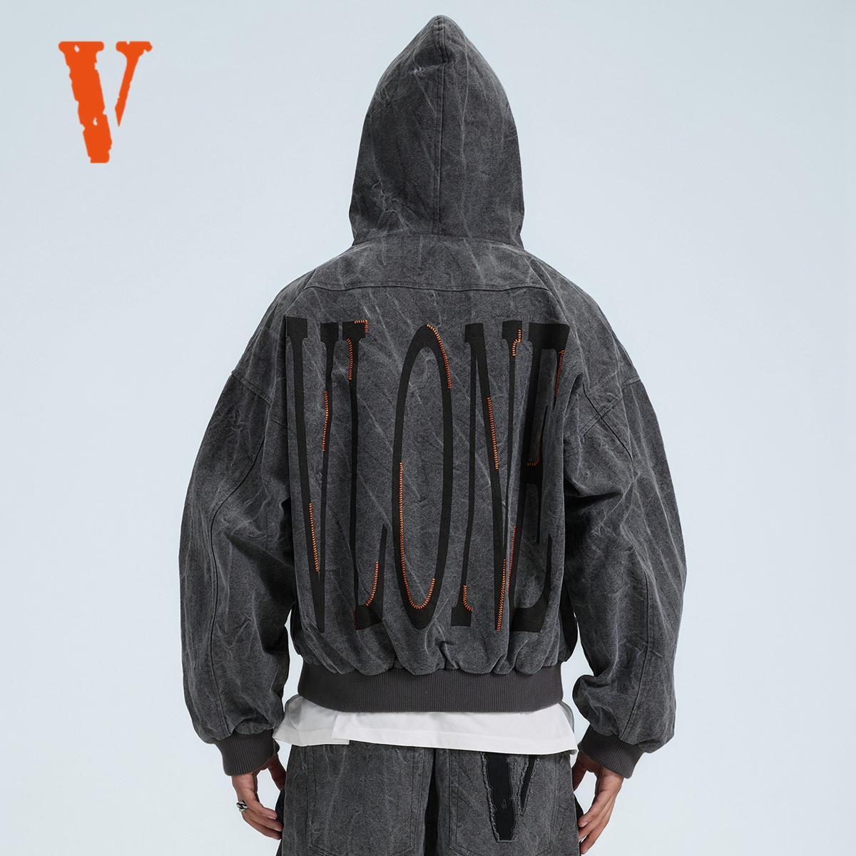 VLONE大LOGO刺绣印花重磅树枝纹做旧水洗宽松连帽外套夹克情侣款