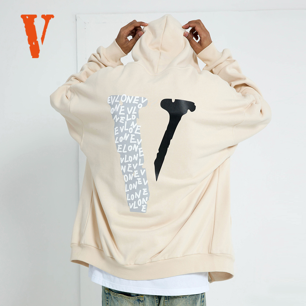 VLONE心电图刺绣发泡字母印花宽松拉链连帽卫衣 男女同款 米色