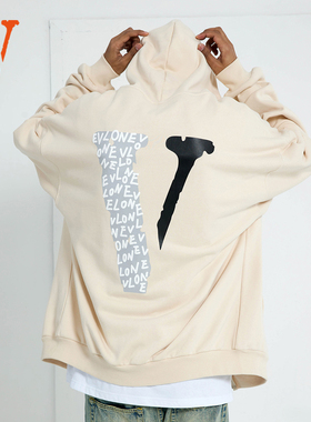 VLONE心电图刺绣发泡字母印花宽松拉链连帽卫衣 男女同款 米色