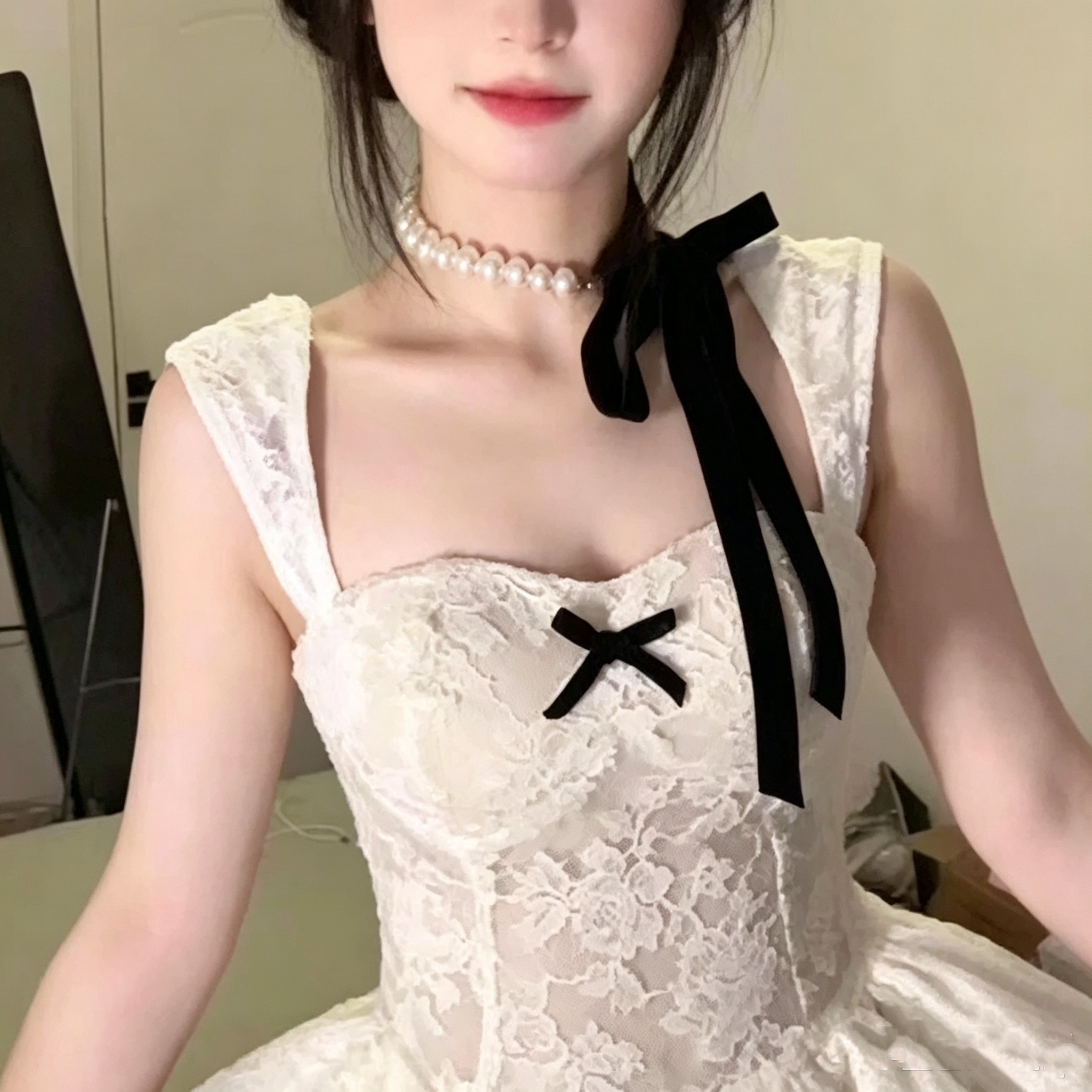 法式千金丝绒珍珠项链女短款choker蝴蝶结绑带百搭高级感气质颈链