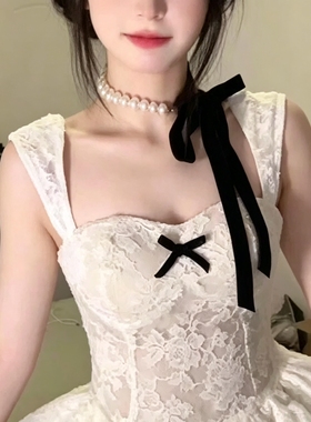 法式千金丝绒珍珠项链女短款choker蝴蝶结绑带百搭高级感气质颈链