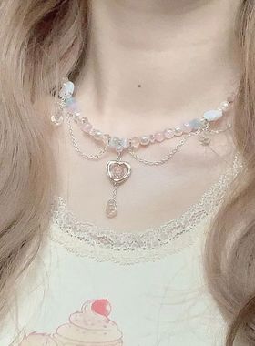 海盐荔枝~ins浪漫清新糖果辣妹甜美爱心项链女时尚百搭串珠锁骨链