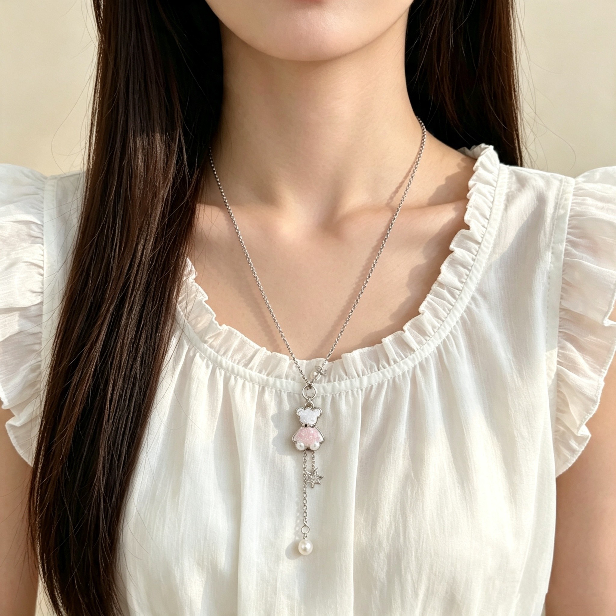 甜美少女渐变粉小熊星星珍珠项链女韩版ins时尚百搭可爱锁骨链潮