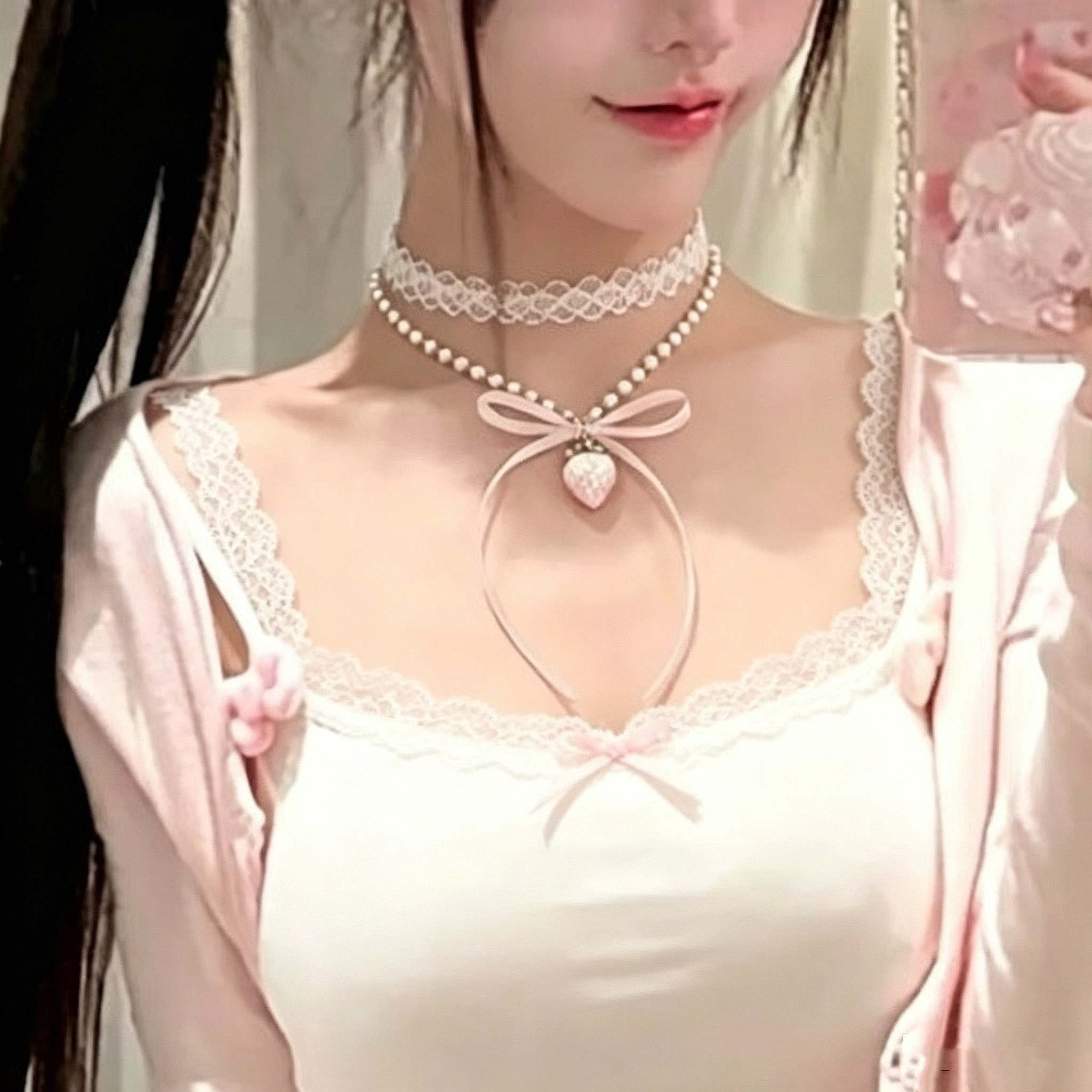 芭蕾风纯欲少女可爱草莓蕾丝双层叠戴项链女时尚百搭choker颈链短