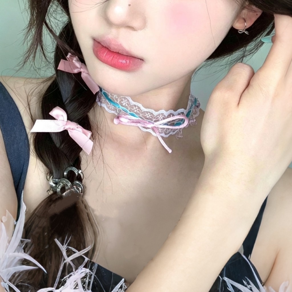元气少女纯欲甜美可爱蕾丝蝴蝶结项链女短choker颈带洛丽塔颈链韩