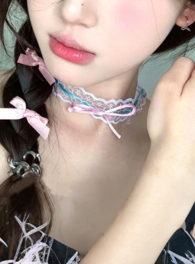 元气少女纯欲甜美可爱蕾丝蝴蝶结项链女短choker颈带洛丽塔颈链韩