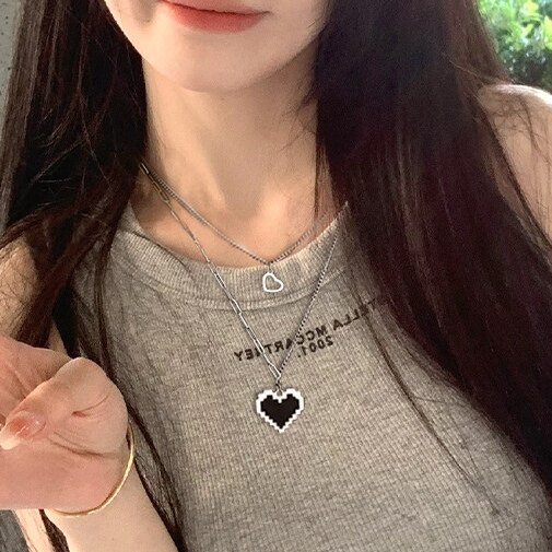暗黑风爱心马赛克双层叠戴项链女休闲酷潮ins嘻哈时尚百搭颈链韩