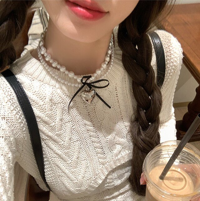 韩国ins甜酷风丝带蝴蝶结爱心双层珍珠项链女小众设计短锁骨链潮