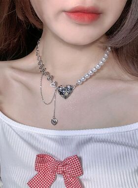 甜酷风轻奢小众ins珍珠爱心拼接项链女时尚百搭锁骨链y2k颈链韩潮