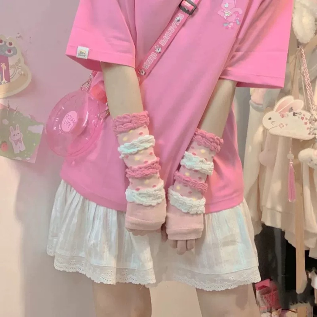 粉色泡泡多巴胺可爱手袖lolita少女y2k辣妹防晒袖套护腕冰袖配饰