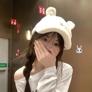 韩版可爱羊羔毛绒兔耳朵棒球帽子女冬时尚百搭大头围加厚保暖遮阳