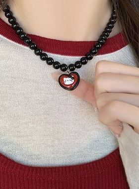 小众设计感复古少女Kitty猫串珠项链女短款锁骨链甜美可爱颈链韩