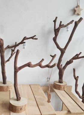 原木树杈带底托摆件 书架客厅茶几摆设 手工天然把玩首饰实木支架
