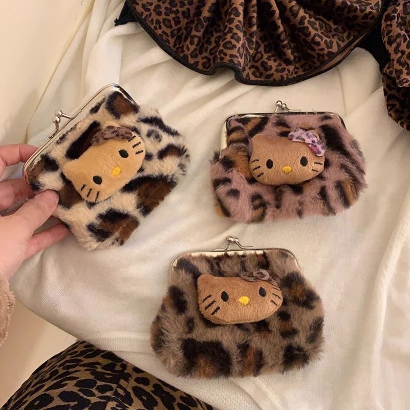 黑皮豹纹零钱包毛绒绒随身携带蓝牙耳机包KT猫咪化妆收纳包