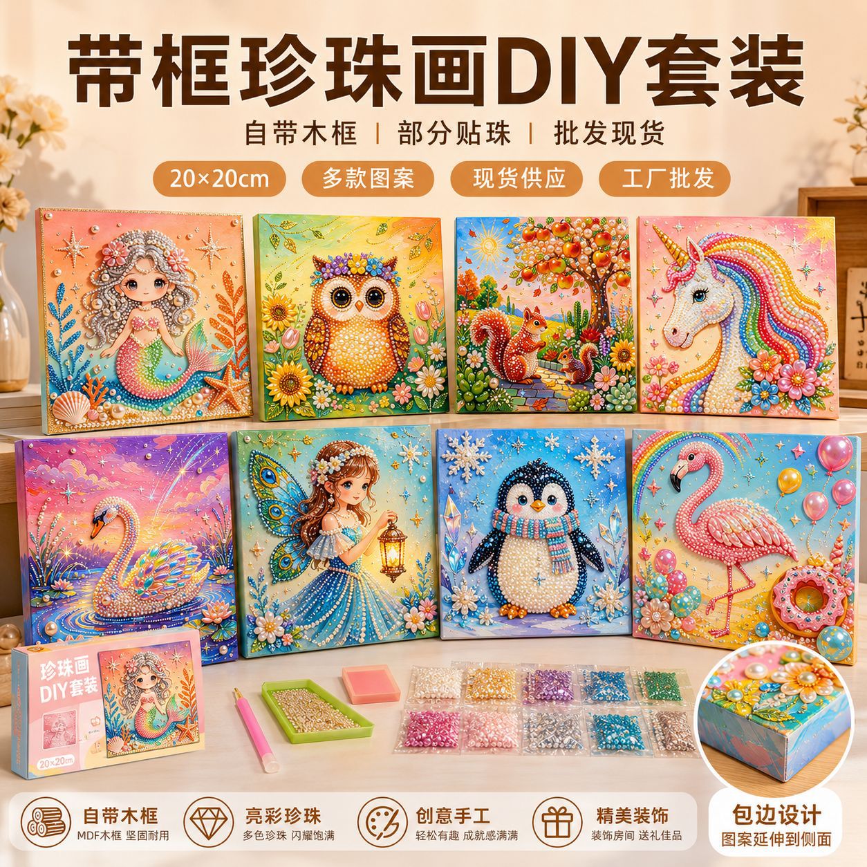20x20cm带框珍珠画DIY套装儿童手工部分贴珠木框装饰画