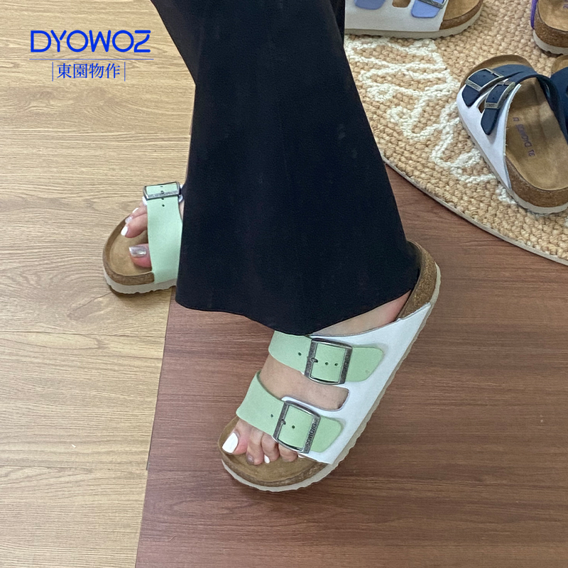 DYOWOZ/东园物作夏季多巴胺色系时尚百搭一字拖鞋女外穿真皮拼色