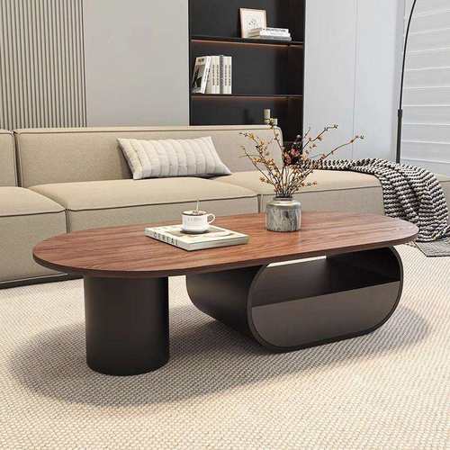 实木多层板椭圆形腰圆茶几轻奢现代简约小户型客厅家用胡桃木色