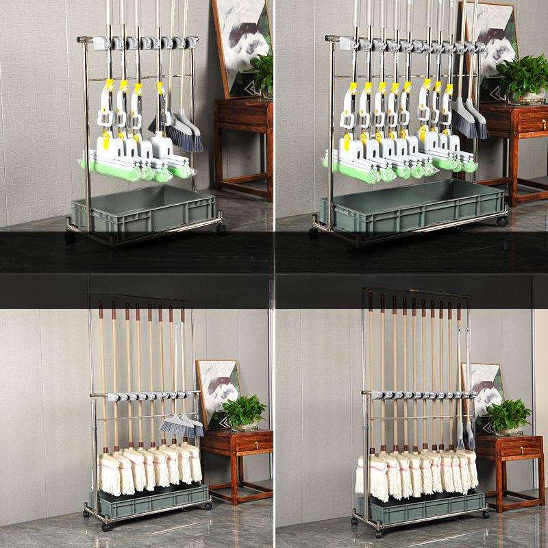 不锈钢落地式拖把架可移动商用置物架墩布扫把架清洁工具收纳架子