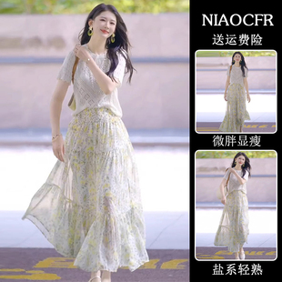 百搭鏤空涼感短袖 RIERA巨好看 套裝 針織衫 夏裝 復(fù)古碎花半身裙兩