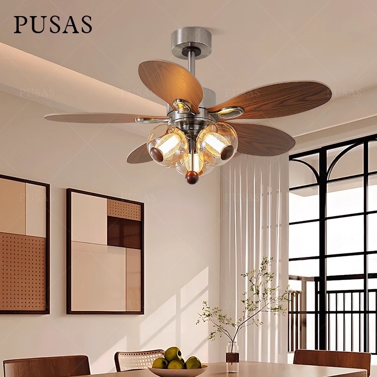 中古风餐厅风扇灯2025新款胡桃木