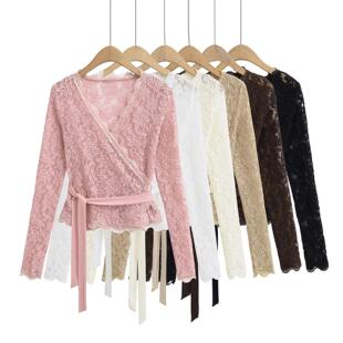 女士上衣网红纯欲风修身显瘦深V领蕾丝长袖女T恤辣妹性感绑带收腰