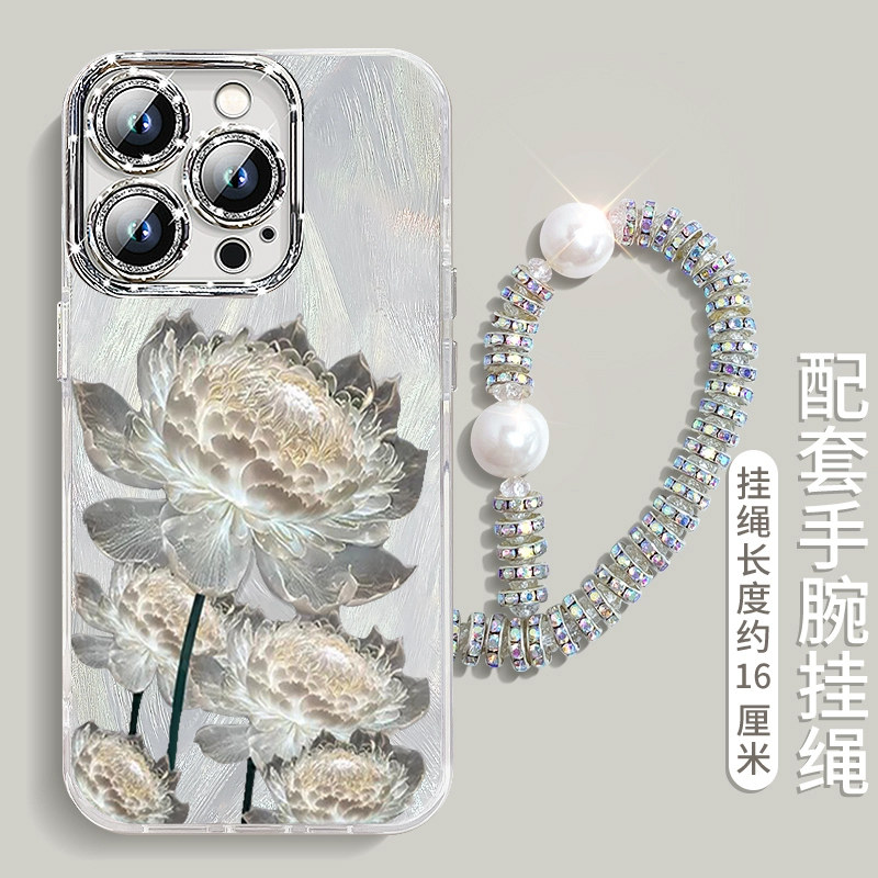 适用苹果16手机壳水晶白莲花13荷花iPhone15promax新款14高级感12/17女款11妈妈x夏天xs挂绳手链xr串珠plus女