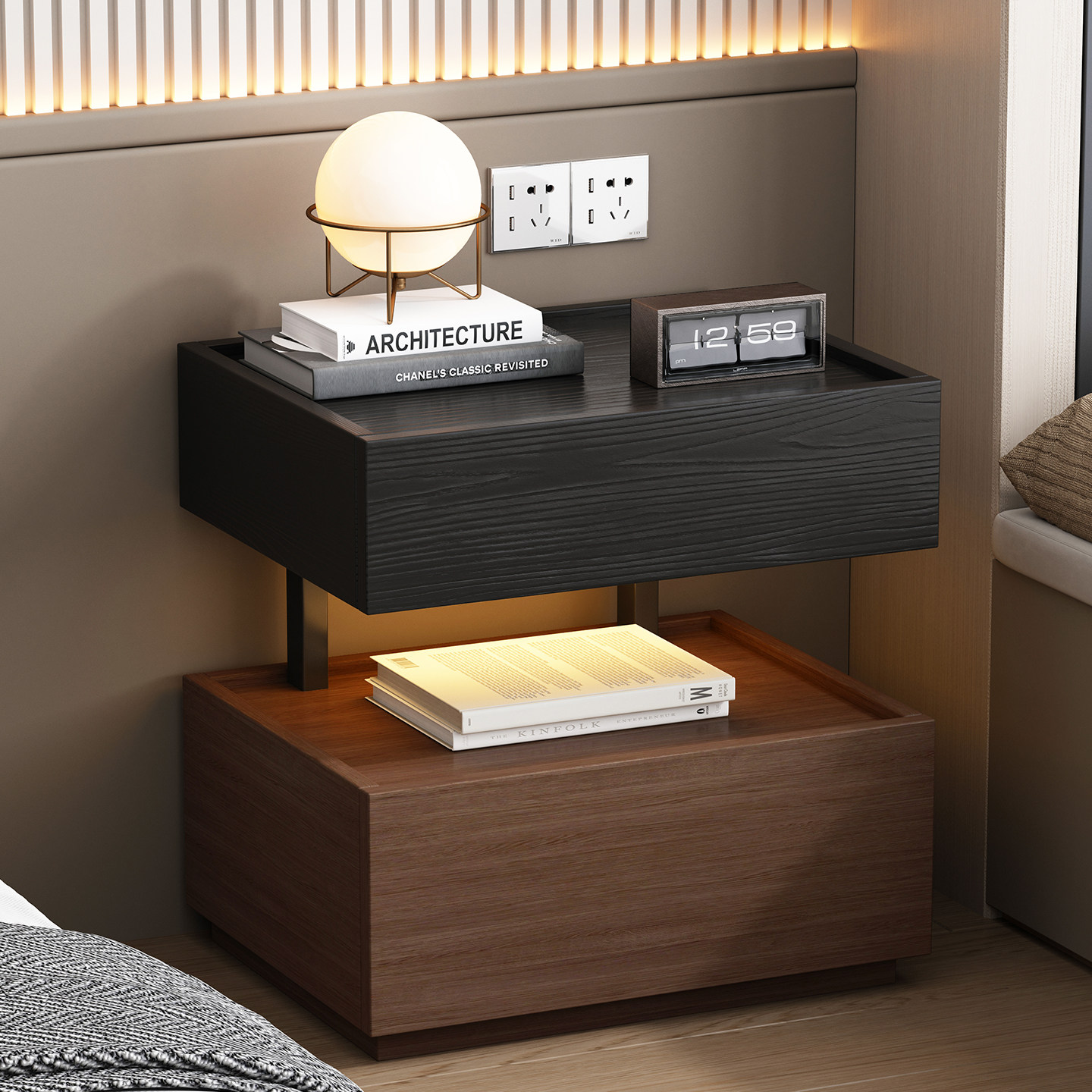 免漆床头柜意式极简带灯床边柜免安装50cm轻奢高级感主卧室储物柜