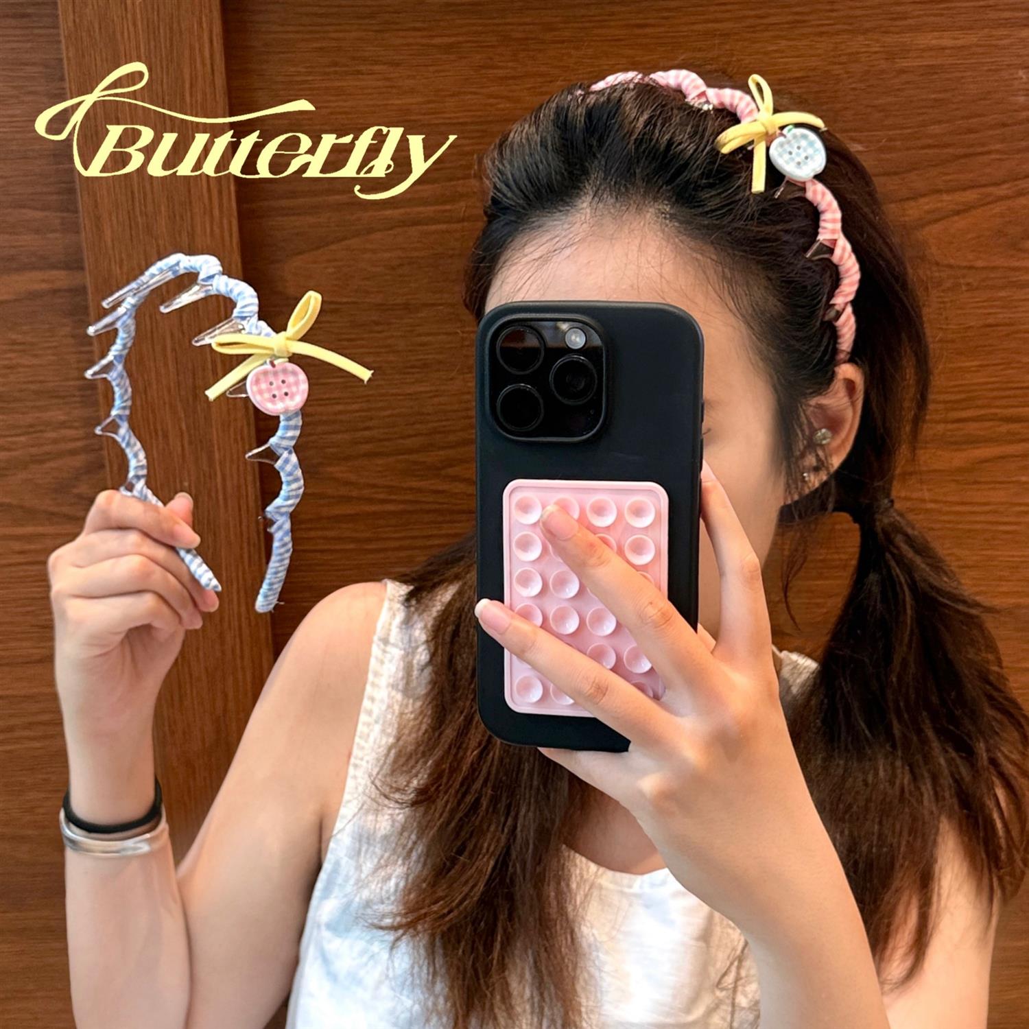 青春流行蓝粉色格纹纽扣苹果发箍撞色蝴蝶结百搭波浪带齿头箍增高