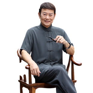 父亲夏季套装中老年人唐装男士薄款中式50岁60爷爷外公中国风衣服