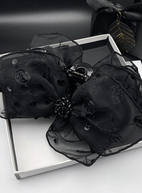 伯爵玫瑰刺绣超大号花朵蝴蝶结发卡发夹女黑色网纱后脑勺鲨鱼抓夹