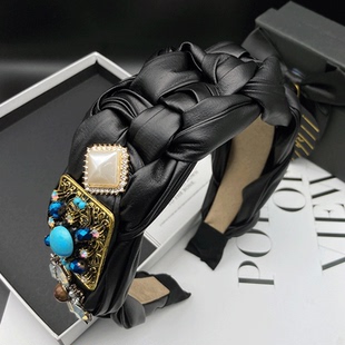 高级感高端发卡发箍女款 重工镶钻皮质编织宽边压发发捆遮白发头箍