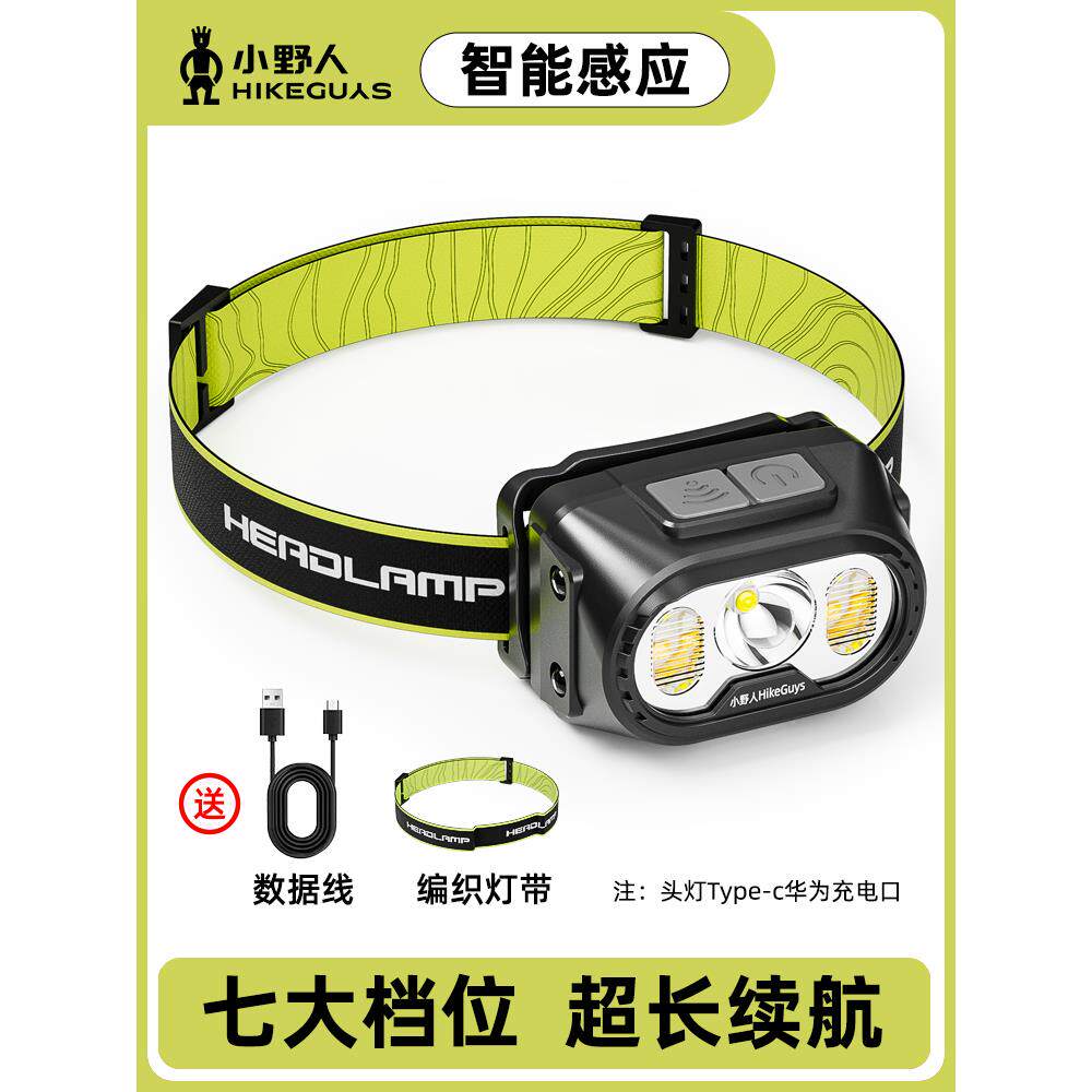 高档小野人头灯强光充电超亮感应头戴式照明超长续航户外钓鱼小手