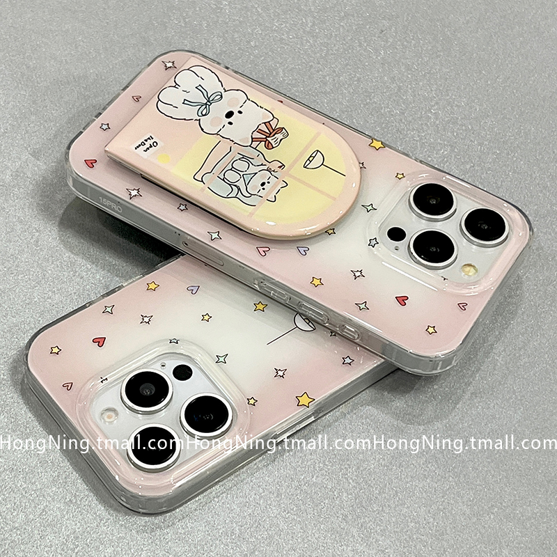 韩系可爱卡通小狗带镜面支架适用苹果16ProMax手机壳iPhone13新款16pro小众女款14防摔15PRO硅胶双层全包软壳