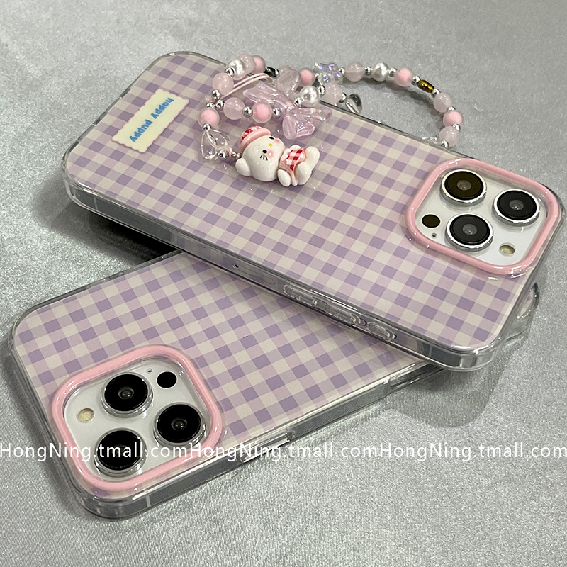 韩系紫色格纹带链条适用苹果16ProMax手机壳简约轻奢iPhone13新款16pro小众女款14防摔15PRO硅胶高级感全包软