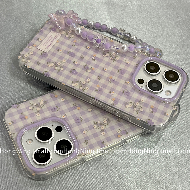 韩系小香风紫色格纹碎花带链条适用苹果16ProMax手机壳iPhone13新款16pro小众女款14防摔15PRO硅胶全包软壳套